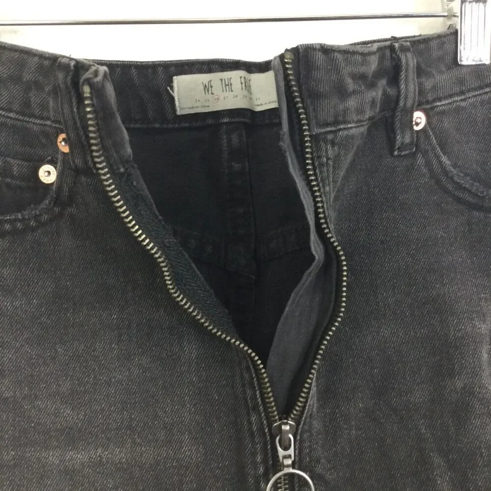 Free People Zip It Up Full Front Zipper Distressed Mini Denim Skirt Black Sz 26